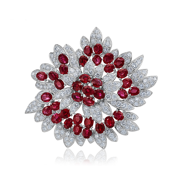 18K Ruby & Diamond Flower Brooch